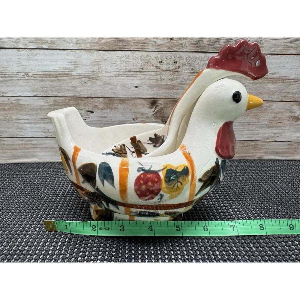 VTG Nasco Hand Painted Ceramic Rooster Gravy Boat w/Ladle - Japan 1950 Farmhouse